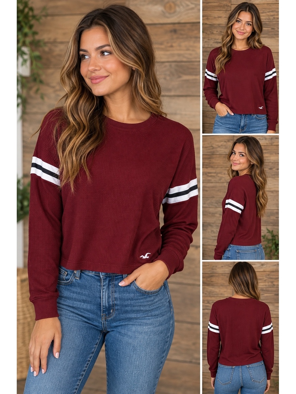 Hollister Women's Small Burgundy Boyfriend Tee Long Sleeve Varsity Stripe Waffle